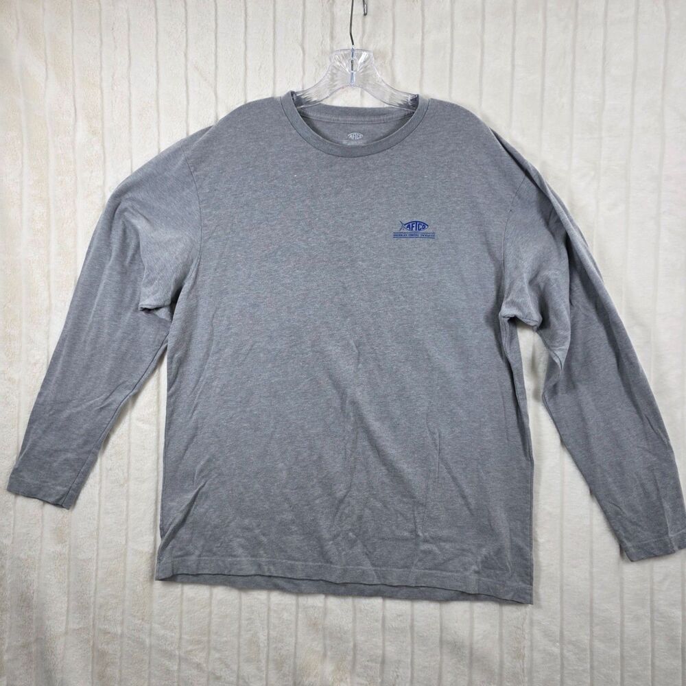 AFTCO Men's Gray Crewneck Long Sleeve Fishing Shirt Spellout Size XL
